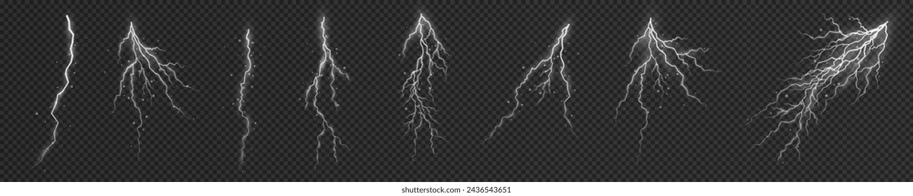 Lightning. Thunder storm realistic lightning. Bright light effects. Lightning bolt set Magic and bright light effects. Vector illustration