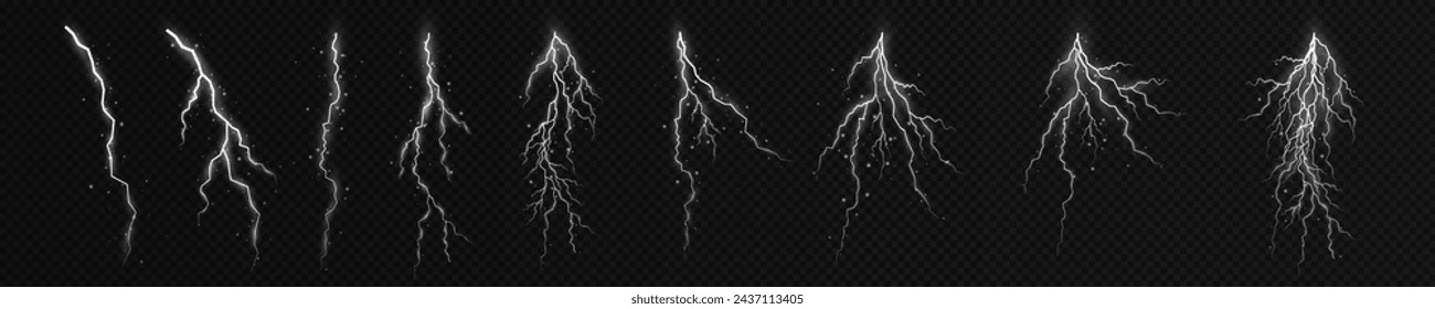 Lightning. Thunder storm realistic lightning. Bright light effects. Lightning bolt set Magic and bright light effects. Vector illustration