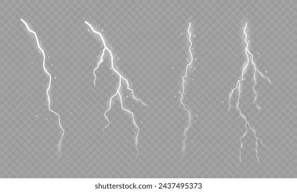 Lightning. Thunder storm realistic lightning. Bright light effects. Lightning bolt set Magic and bright light effects. Vector illustration