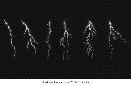 Lightning. Thunder storm realistic lightning. Bright light effects. Lightning bolt set Magic and bright light effects. Vector illustration