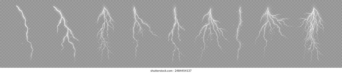 Blitz. Donner Sturm realistische Blitze. Helle Lichteffekte Blitzbolzen-Set Magic und helle Lichteffekte. Vektorillustration	