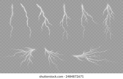 Rayo. Tormenta de truenos y relámpagos realistas. Efectos de luz brillante. Juego de relámpagos Magia y efectos de luz brillante. Ilustración vectorial	