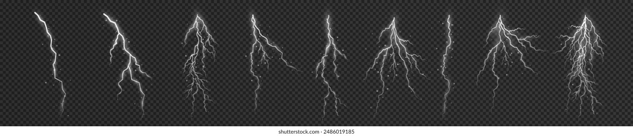 Rayo. Tormenta de truenos y relámpagos realistas. Efectos de luz brillante. Juego de relámpagos Magia y efectos de luz brillante. Ilustración vectorial	