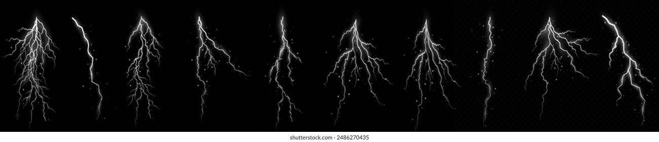 Lightning. Thunder storm realistic lightning. Bright light effects. Lightning bolt set Magic and bright light effects. Vector illustration	