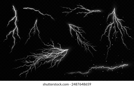 Rayo. Tormenta de truenos y relámpagos realistas. Efectos de luz brillante. Juego de relámpagos Magia y efectos de luz brillante. Ilustración vectorial	
