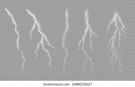 Lightning. Thunder storm realistic lightning. Bright light effects. Lightning bolt set Magic and bright light effects. Vector illustration	