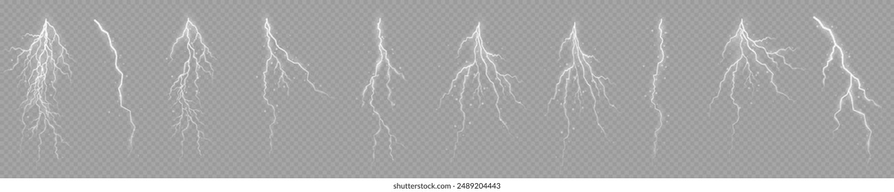 Blitz. Donner Sturm realistische Blitze. Helle Lichteffekte Blitzbolzen-Set Magic und helle Lichteffekte. Vektorillustration	