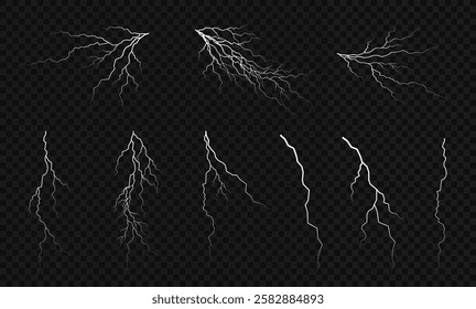 Lightning. Thunder storm realistic lightning. Bright light effects. Lightning bolt set Magic and bright light effects. Vector illustration