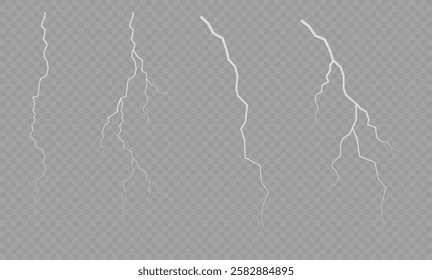 Lightning. Thunder storm realistic lightning. Bright light effects. Lightning bolt set Magic and bright light effects. Vector illustration