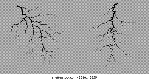 Lightning. Thunder storm realistic lightning. Bright light effects. Lightning bolt set Magic and bright light effects. Set of thunder and lightnings. Lightning energy discharge effect isolated.