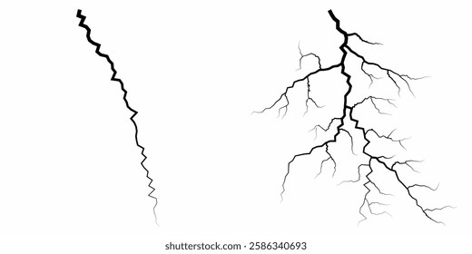 Lightning. Thunder storm realistic lightning. Bright light effects. Lightning bolt set Magic and bright light effects. Set of thunder and lightnings. Lightning energy discharge effect isolated.