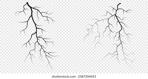 Lightning. Thunder storm realistic lightning. Bright light effects. Lightning bolt set Magic and bright light effects. Set of thunder and lightnings. Lightning energy discharge effect isolated.