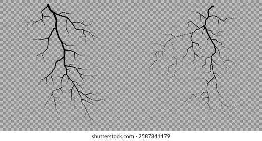 Lightning. Thunder storm realistic lightning. Bright light effects. Lightning bolt set Magic and bright light effects. Set of thunder and lightnings. Lightning energy discharge effect isolated.