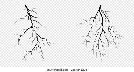 Lightning. Thunder storm realistic lightning. Bright light effects. Lightning bolt set Magic and bright light effects. Set of thunder and lightnings. Lightning energy discharge effect isolated.