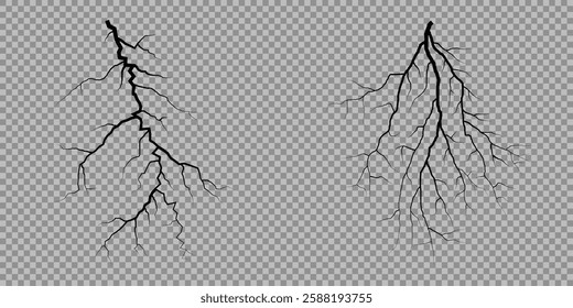 Lightning. Thunder storm realistic lightning. Bright light effects. Lightning bolt set Magic and bright light effects. Set of thunder and lightnings. Lightning energy discharge effect isolated.