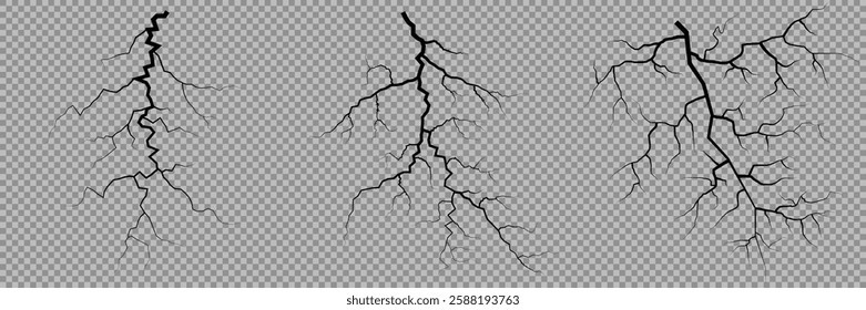 Lightning. Thunder storm realistic lightning. Bright light effects. Lightning bolt set Magic and bright light effects. Set of thunder and lightnings. Lightning energy discharge effect isolated.