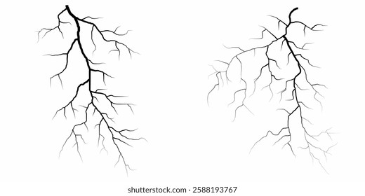 Lightning. Thunder storm realistic lightning. Bright light effects. Lightning bolt set Magic and bright light effects. Set of thunder and lightnings. Lightning energy discharge effect isolated.