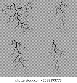 Lightning. Thunder storm realistic lightning. Bright light effects. Lightning bolt set Magic and bright light effects. Set of thunder and lightnings. Lightning energy discharge effect isolated.