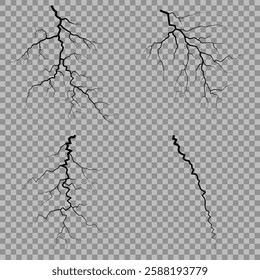 Lightning. Thunder storm realistic lightning. Bright light effects. Lightning bolt set Magic and bright light effects. Set of thunder and lightnings. Lightning energy discharge effect isolated.