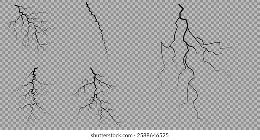 Lightning. Thunder storm realistic lightning. Bright light effects. Lightning bolt set Magic and bright light effects. Set of thunder and lightnings. Lightning energy discharge effect isolated.