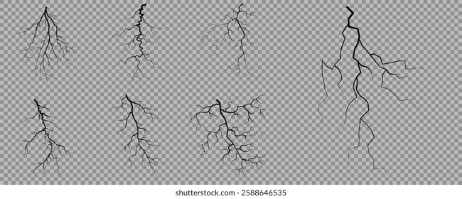 Lightning. Thunder storm realistic lightning. Bright light effects. Lightning bolt set Magic and bright light effects. Set of thunder and lightnings. Lightning energy discharge effect isolated.