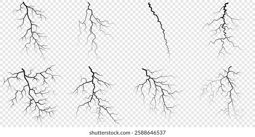 Lightning. Thunder storm realistic lightning. Bright light effects. Lightning bolt set Magic and bright light effects. Set of thunder and lightnings. Lightning energy discharge effect isolated.