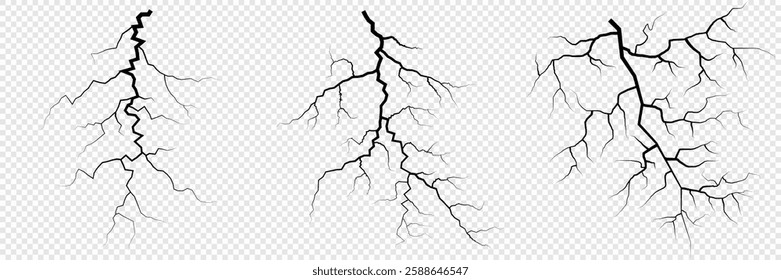 Lightning. Thunder storm realistic lightning. Bright light effects. Lightning bolt set Magic and bright light effects. Set of thunder and lightnings. Lightning energy discharge effect isolated.