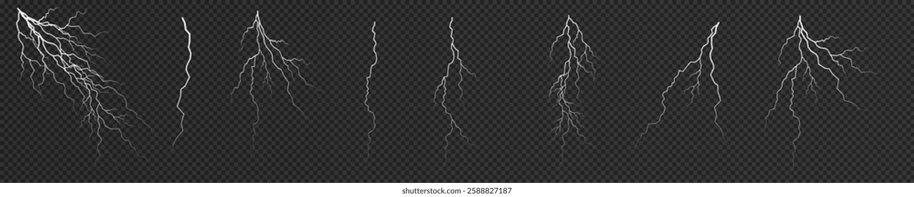 Lightning. Thunder storm realistic lightning. Bright light effects. Lightning bolt set Magic and bright light effects. Vector illustration