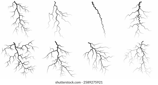 Lightning. Thunder storm realistic lightning. Bright light effects. Lightning bolt set Magic and bright light effects. Set of thunder and lightnings. Lightning energy discharge effect isolated.