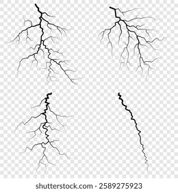 Lightning. Thunder storm realistic lightning. Bright light effects. Lightning bolt set Magic and bright light effects. Set of thunder and lightnings. Lightning energy discharge effect isolated.