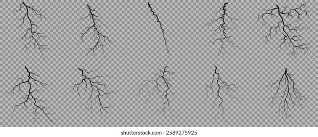 Lightning. Thunder storm realistic lightning. Bright light effects. Lightning bolt set Magic and bright light effects. Set of thunder and lightnings. Lightning energy discharge effect isolated.