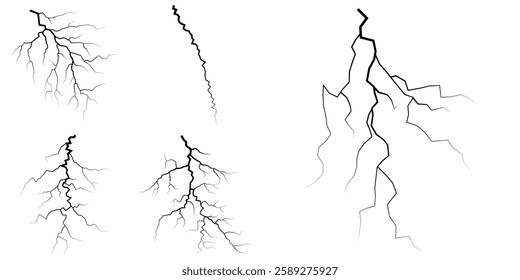 Lightning. Thunder storm realistic lightning. Bright light effects. Lightning bolt set Magic and bright light effects. Set of thunder and lightnings. Lightning energy discharge effect isolated.