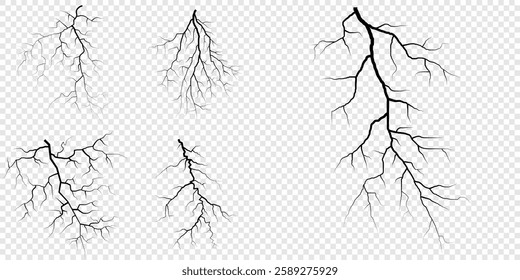 Lightning. Thunder storm realistic lightning. Bright light effects. Lightning bolt set Magic and bright light effects. Set of thunder and lightnings. Lightning energy discharge effect isolated.