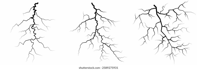 Lightning. Thunder storm realistic lightning. Bright light effects. Lightning bolt set Magic and bright light effects. Set of thunder and lightnings. Lightning energy discharge effect isolated.