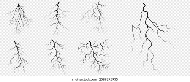 Lightning. Thunder storm realistic lightning. Bright light effects. Lightning bolt set Magic and bright light effects. Set of thunder and lightnings. Lightning energy discharge effect isolated.