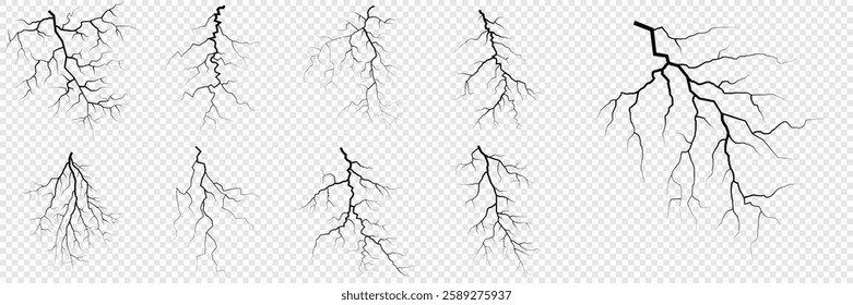 Lightning. Thunder storm realistic lightning. Bright light effects. Lightning bolt set Magic and bright light effects. Set of thunder and lightnings. Lightning energy discharge effect isolated.