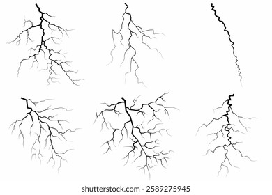 Lightning. Thunder storm realistic lightning. Bright light effects. Lightning bolt set Magic and bright light effects. Set of thunder and lightnings. Lightning energy discharge effect isolated.