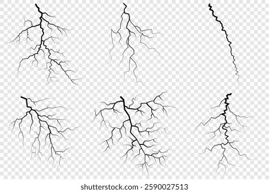 Lightning. Thunder storm realistic lightning. Bright light effects. Lightning bolt set Magic and bright light effects. Set of thunder and lightnings. Lightning energy discharge effect isolated.