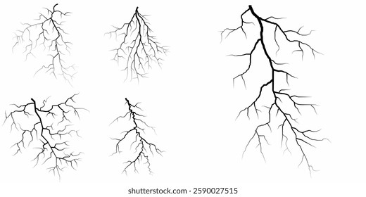 Lightning. Thunder storm realistic lightning. Bright light effects. Lightning bolt set Magic and bright light effects. Set of thunder and lightnings. Lightning energy discharge effect isolated.