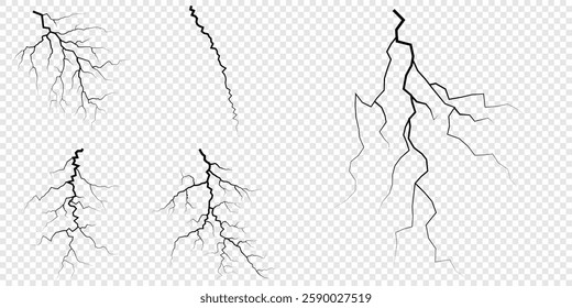 Lightning. Thunder storm realistic lightning. Bright light effects. Lightning bolt set Magic and bright light effects. Set of thunder and lightnings. Lightning energy discharge effect isolated.