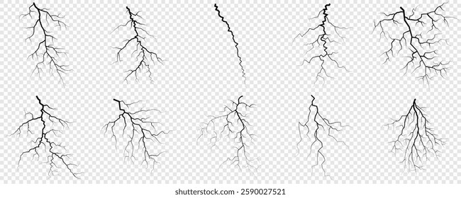 Lightning. Thunder storm realistic lightning. Bright light effects. Lightning bolt set Magic and bright light effects. Set of thunder and lightnings. Lightning energy discharge effect isolated.