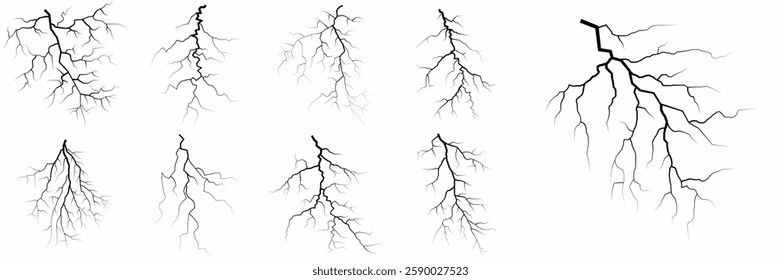 Lightning. Thunder storm realistic lightning. Bright light effects. Lightning bolt set Magic and bright light effects. Set of thunder and lightnings. Lightning energy discharge effect isolated.