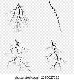 Lightning. Thunder storm realistic lightning. Bright light effects. Lightning bolt set Magic and bright light effects. Set of thunder and lightnings. Lightning energy discharge effect isolated.