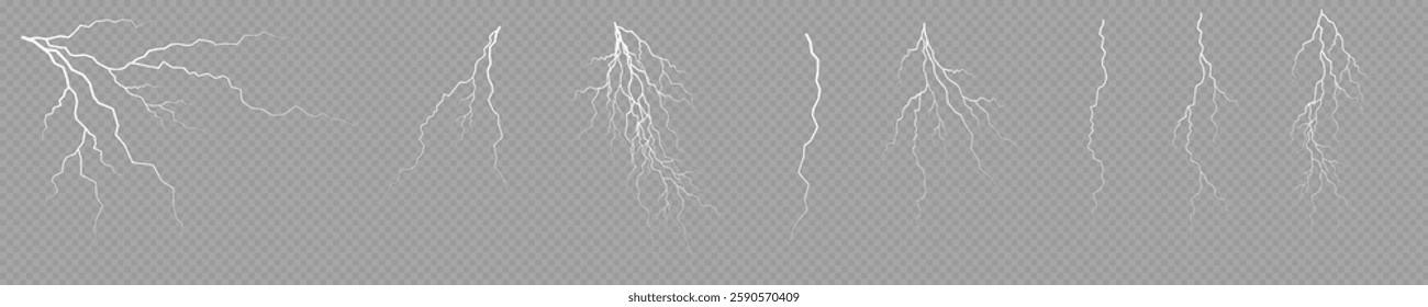 Lightning. Thunder storm realistic lightning. Bright light effects. Lightning bolt set Magic and bright light effects. Vector illustration