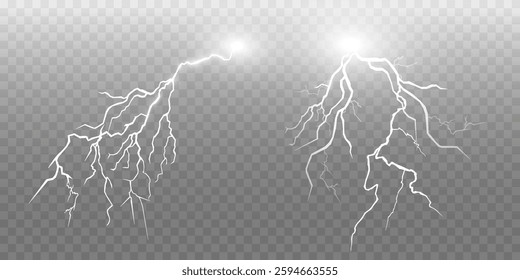 Lightning. Thunder storm realistic lightning. Bright light effects. Lightning bolt set Magic and bright light effects. Vector illustration
