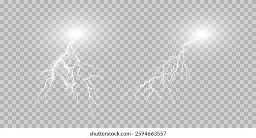 Lightning. Thunder storm realistic lightning. Bright light effects. Lightning bolt set Magic and bright light effects. Vector illustration