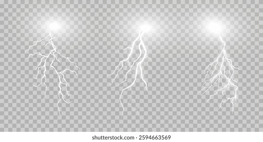 Lightning. Thunder storm realistic lightning. Bright light effects. Lightning bolt set Magic and bright light effects. Vector illustration