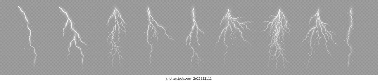 Lightning. Thunder storm realistic lightning. Bright light effects. Lightning bolt set Magic and bright light effects. Vector illustration