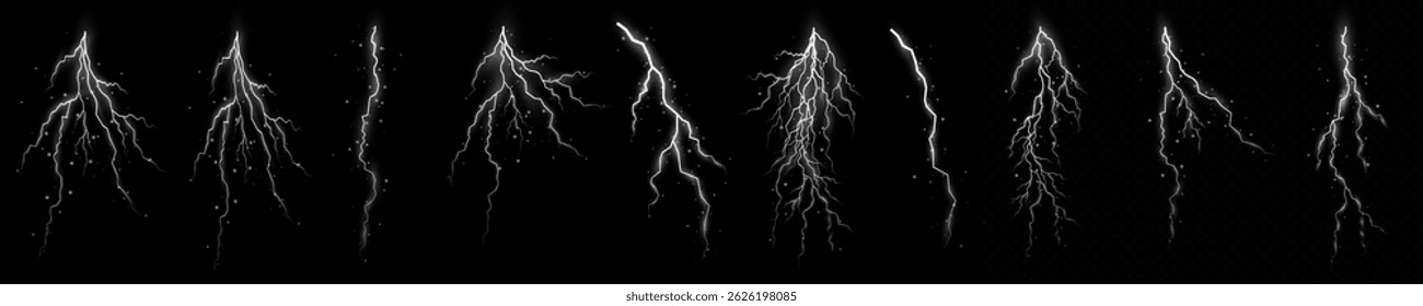 Lightning. Thunder storm realistic lightning. Bright light effects. Lightning bolt set Magic and bright light effects. Vector illustration