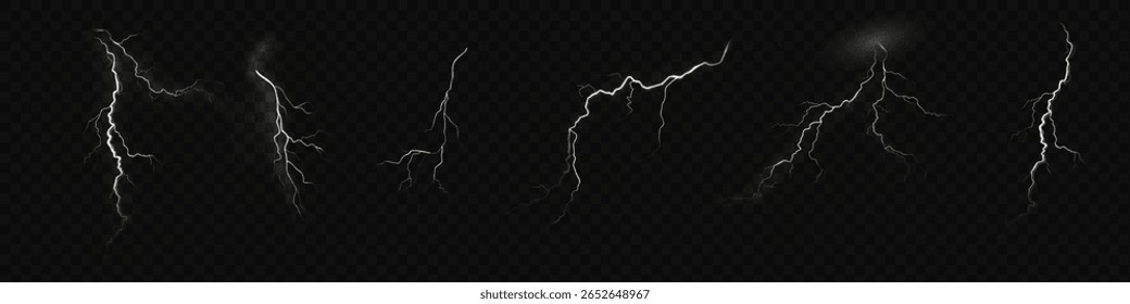 Relâmpago. Tempestade com raios realistas. Efeitos de luz brilhante. Raio conjunto de parafusos Magia e efeitos de luz brilhante. Ilustração vetorial
